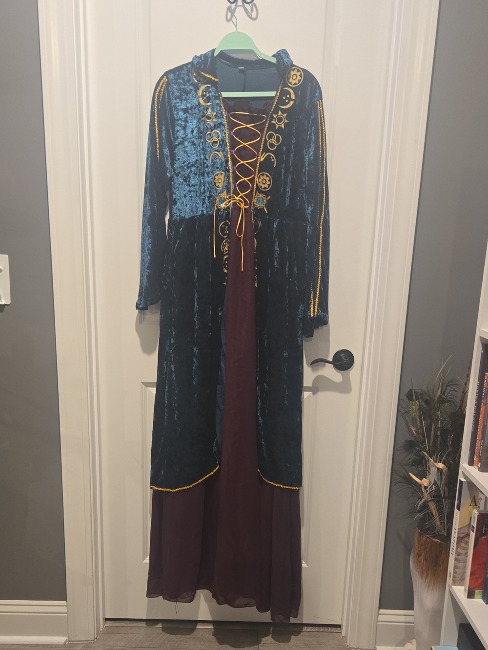 Spirit Teal Velvet Hooded Dress with Plum Skirt and Gold Trim